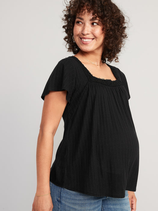 Maternity Pointelle-Knit Lace-Trim Short-Sleeve Top - Black