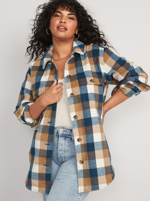 Plaid Soft-Brushed Utility Shacket for Women - Blue