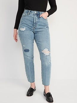 Higher High-Waisted Button-Fly OG Straight Ripped Non-Stretch Jeans for Women