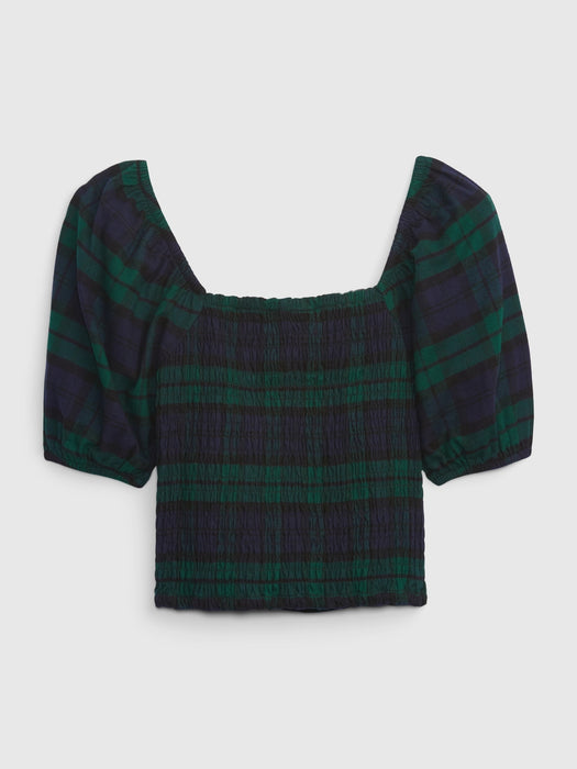 Teen 100% Organic Cotton Puff Sleeve Cropped Top - navy plaid