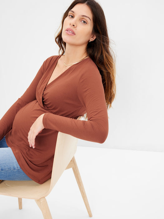 Maternity Jersey Nursing Wrap Top - saddle brown