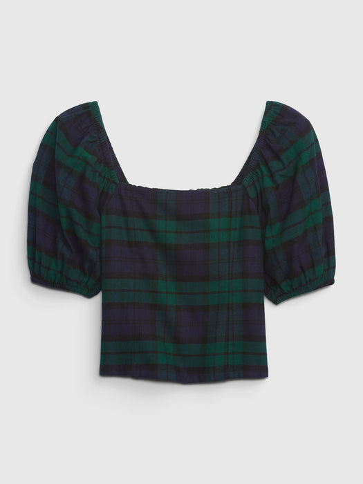 Teen 100% Organic Cotton Puff Sleeve Cropped Top - navy plaid