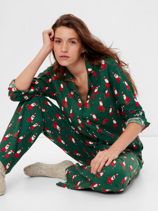 Flannel PJ Set - green Santa print