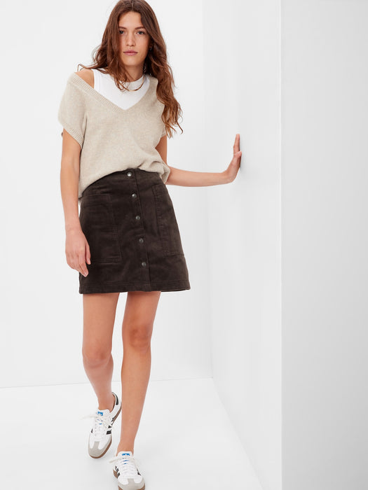 Snap-Front Corduroy Mini Skirt - brown noir