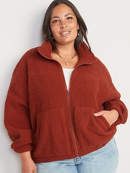 Slouchy Sherpa Zip Jacket for Women - Red