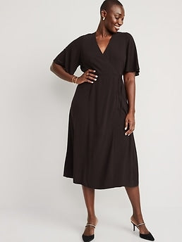 Waist-Defined Flutter-Sleeve Midi Wrap Dress for Women
