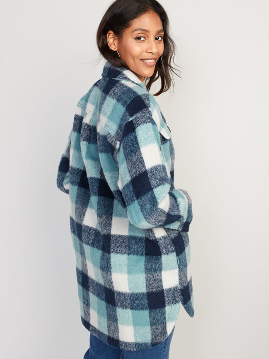 Printed Flannel Long Utility Shacket for Women - Blue