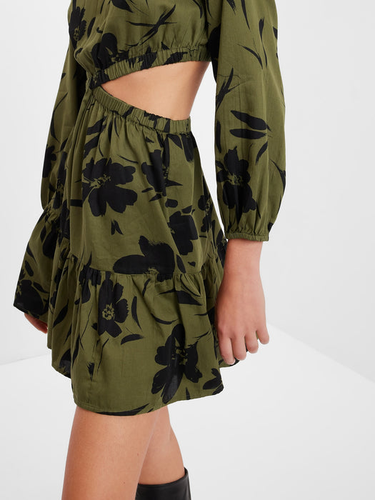 Criss-Cross Cutout Mini Dress - olive green & black floral