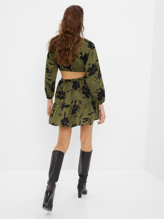 Criss-Cross Cutout Mini Dress - olive green & black floral