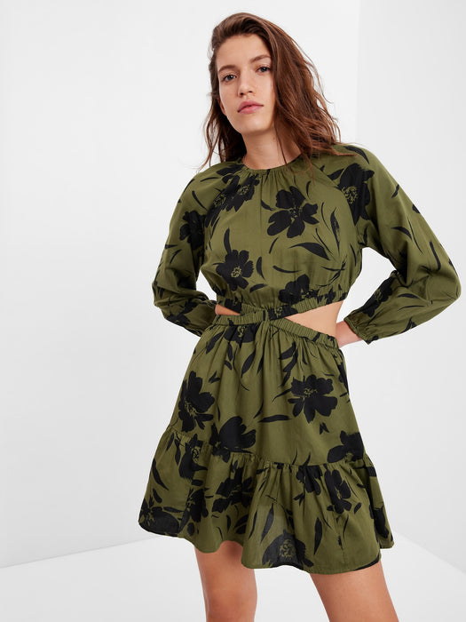 Criss-Cross Cutout Mini Dress - olive green & black floral