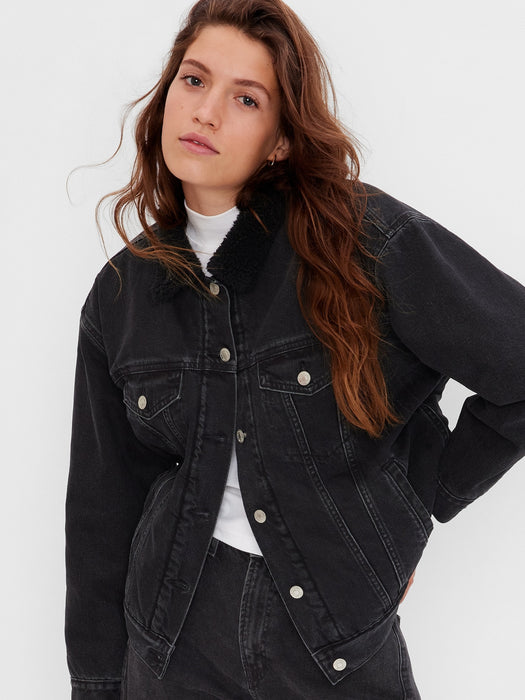 Oversized Icon Denim Sherpa Jacket with Washwell