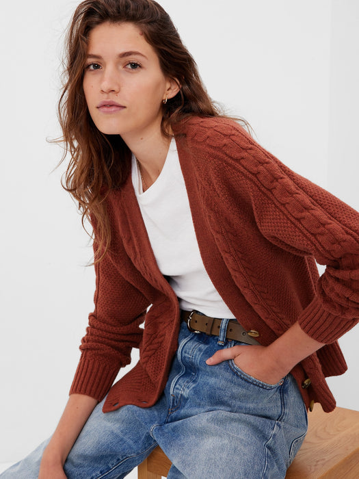 Cable-Knit Cardigan - burnt russet red