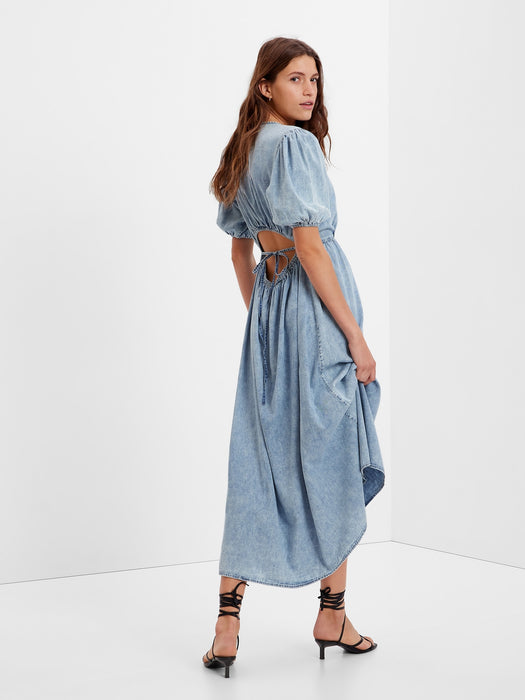 Denim Blouson Cutout Maxi Dress with Washwell