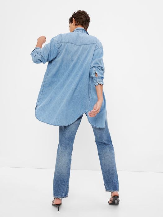 100% Organic Cotton Oversized Western Denim Tunic with Washwell