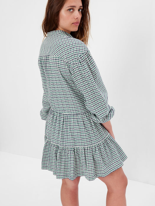 Plaid Tiered Mini Dress - GREEN NAVY PLAID