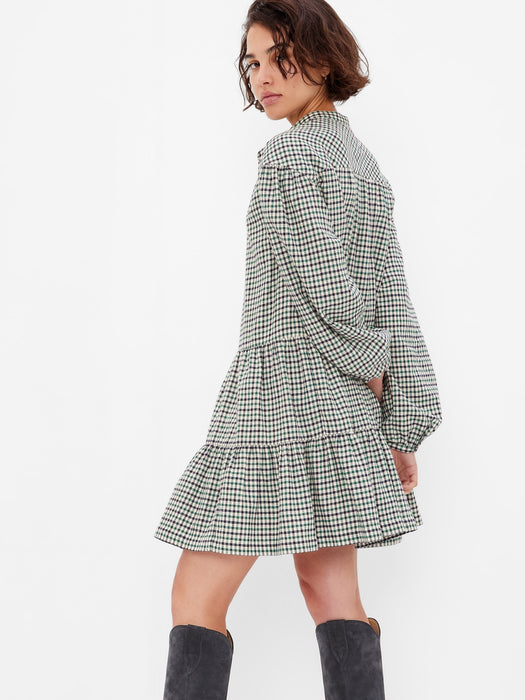 Plaid Tiered Mini Dress - GREEN NAVY PLAID