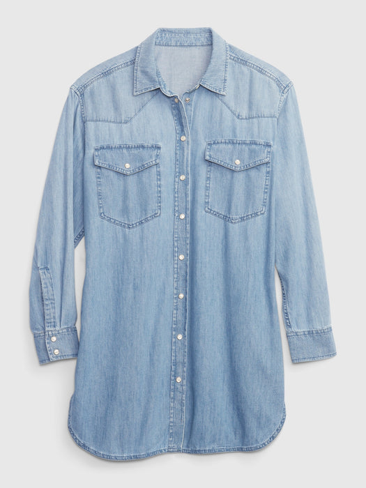 100% Organic Cotton Oversized Western Denim Tunic with Washwell