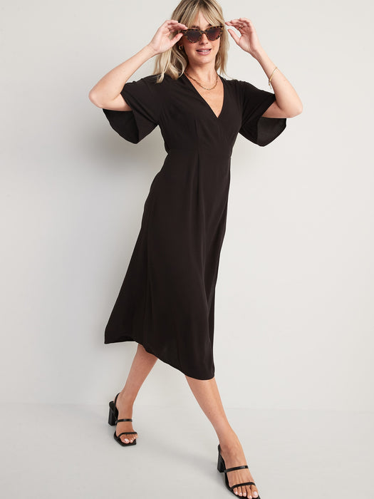 Waist-Defined Flutter-Sleeve Midi Wrap Dress for Women