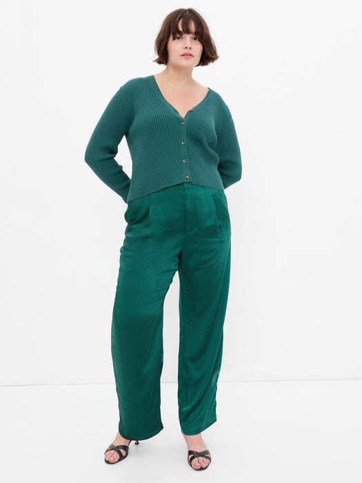 High Rise Pleated Satin Trousers - green pine