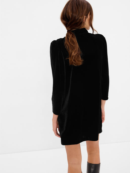 Puff Sleeve Mockneck Velvet Mini Dress - black