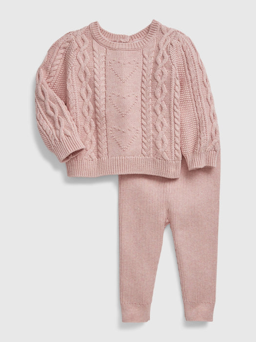 Baby Heart Cable-Knit Sweater Outfit Set - pink heather