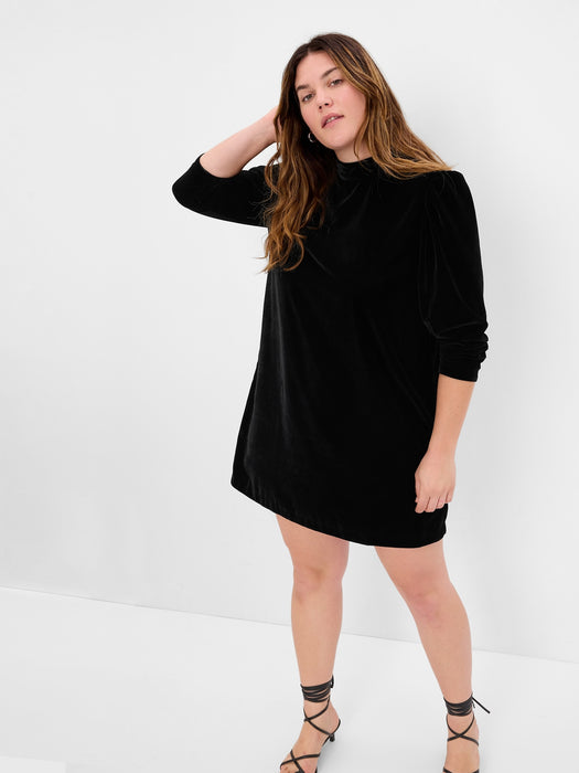 Puff Sleeve Mockneck Velvet Mini Dress - black