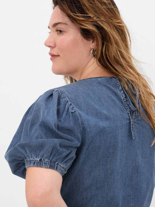 Puff Sleeve Denim Top with Washwell