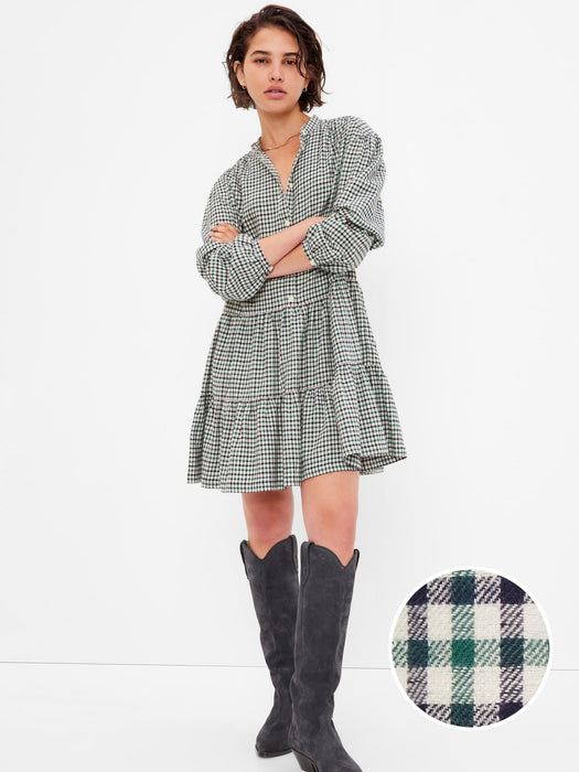 Plaid Tiered Mini Dress - GREEN NAVY PLAID