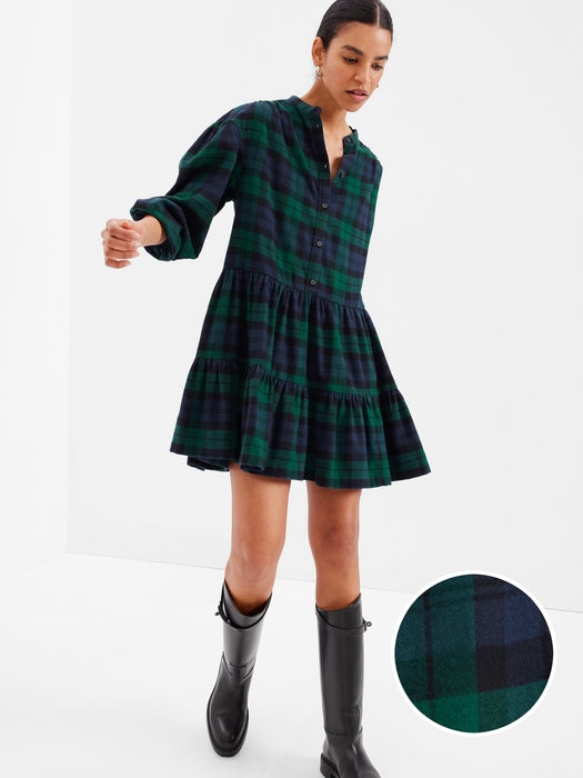 Plaid Tiered Mini Dress - BLACKWATCH PLAID