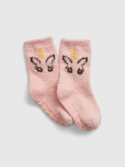 Toddler Cozy Socks - unicorn graphic beige