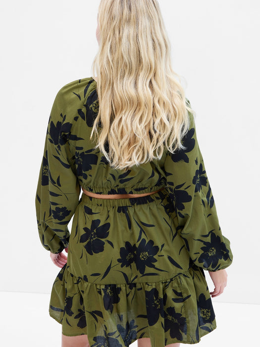 Criss-Cross Cutout Mini Dress - olive green & black floral