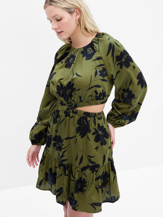 Criss-Cross Cutout Mini Dress - olive green & black floral