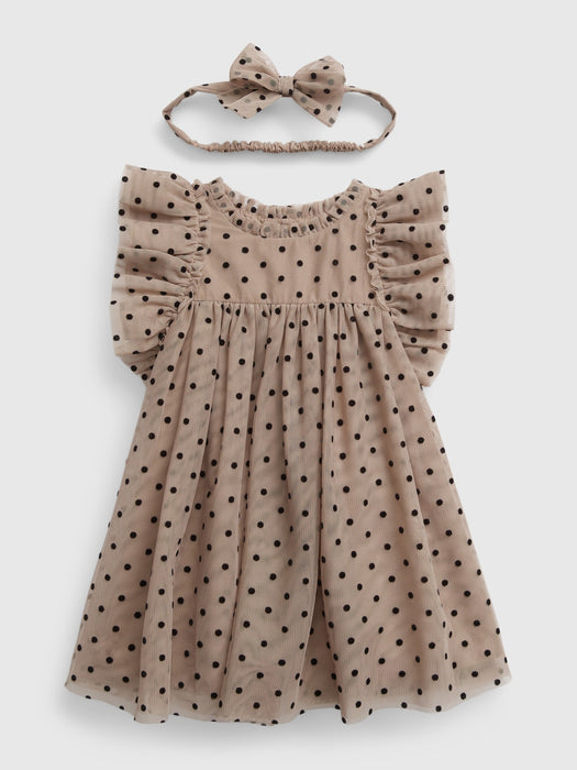 Baby Dot Tulle Dress Set - quail brown