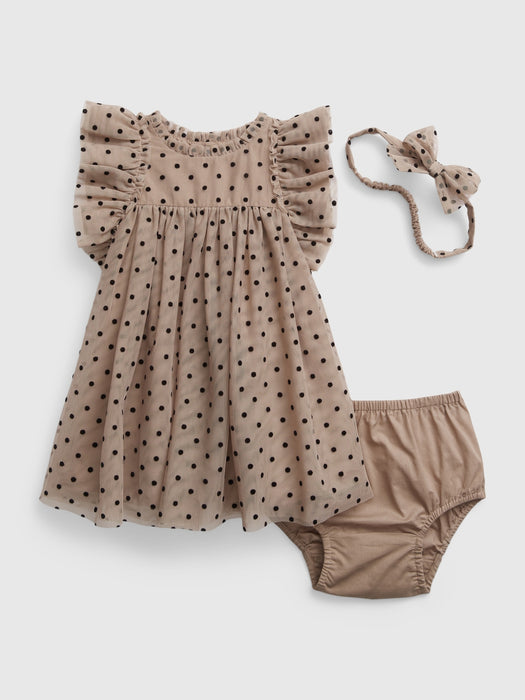 Baby Dot Tulle Dress Set - quail brown