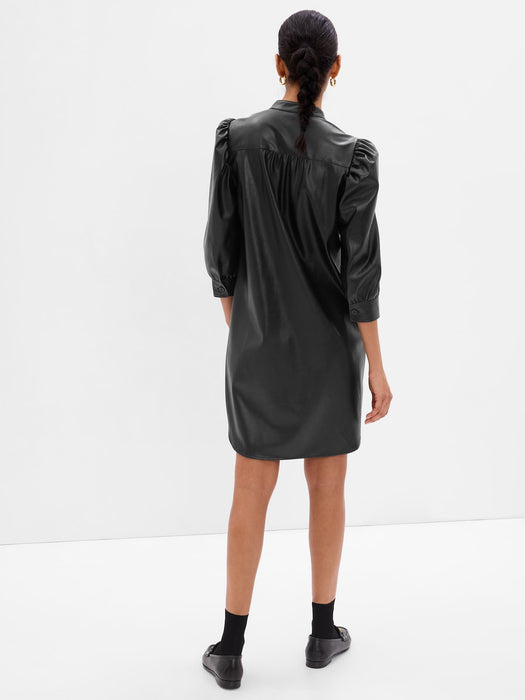 Puff Sleeve Faux-Leather Mini Shirtdress