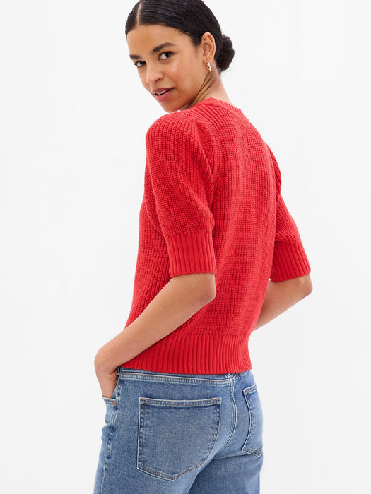 Puff Sleeve Cable-Knit Crewneck Sweater