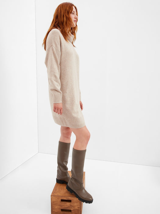 CashSoft Turtleneck Mini Sweater Dress - cobblestone beige