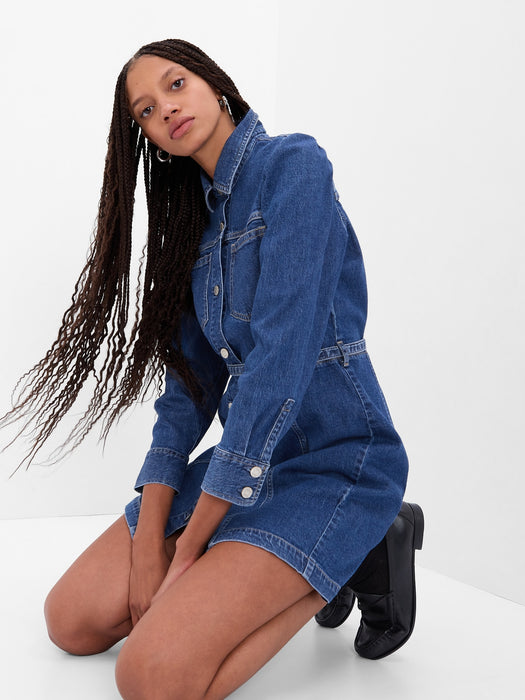 Puff Sleeve Denim Mini Dress with Washwell