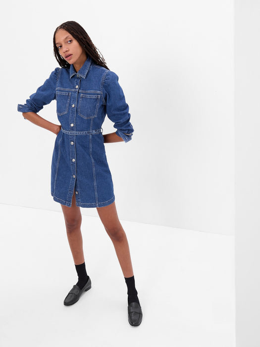 Puff Sleeve Denim Mini Dress with Washwell