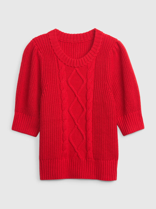 Puff Sleeve Cable-Knit Crewneck Sweater