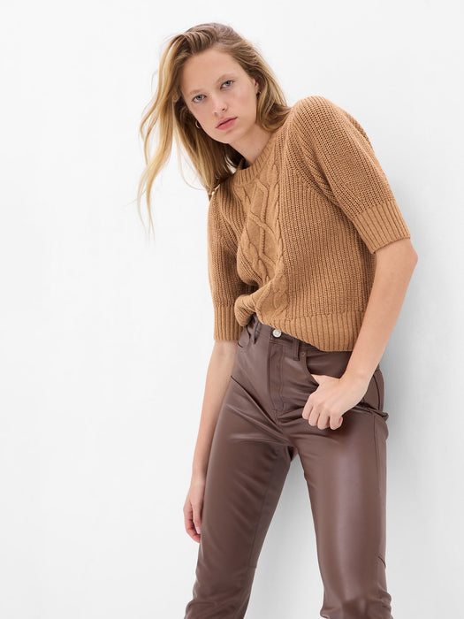 Puff Sleeve Cable-Knit Crewneck Sweater - camel tan