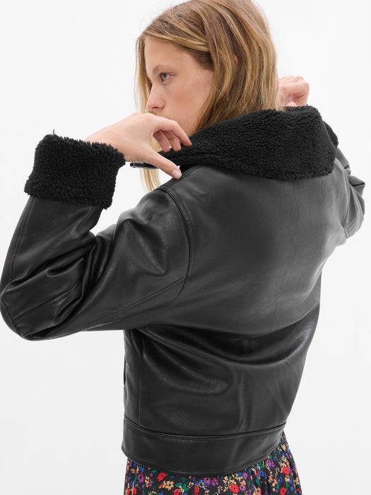 Faux-Leather Sherpa-Lined Moto Jacket