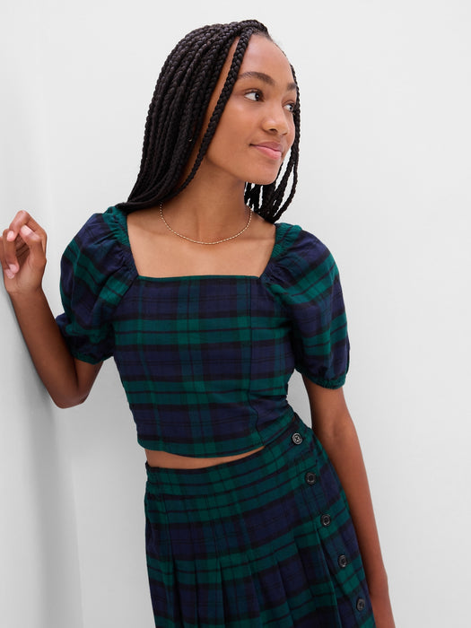 Teen 100% Organic Cotton Puff Sleeve Cropped Top - navy plaid