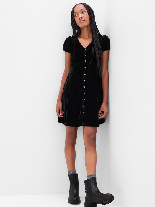 Teen Button-Front Velvet Dress - black