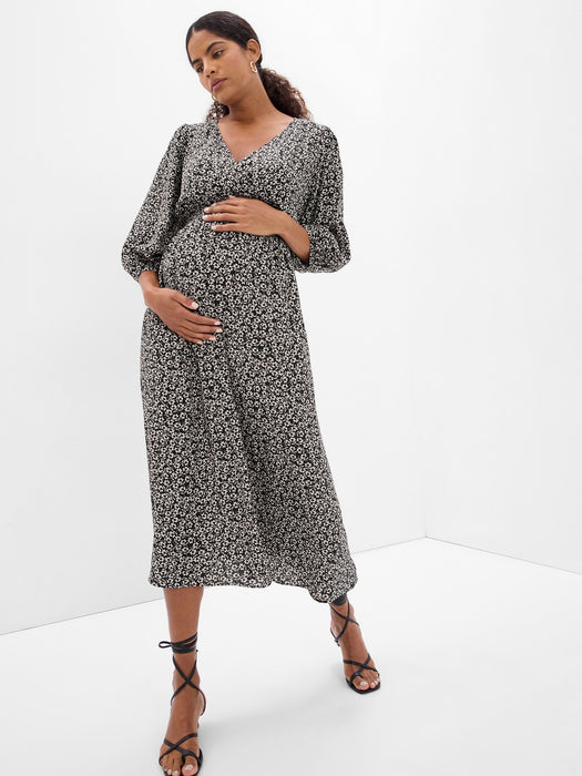 Maternity Puff Sleeve Smocked Midi Dress