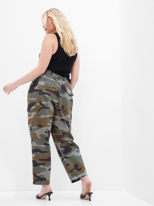 High Rise Pleated Cargo Pants with Washwell - green camo