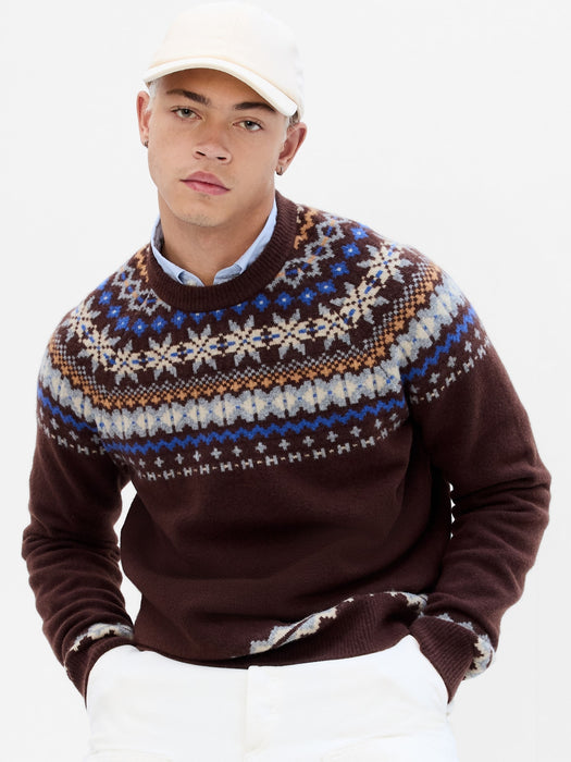 Recycled Fair Isle Crewneck Sweater - dark brown