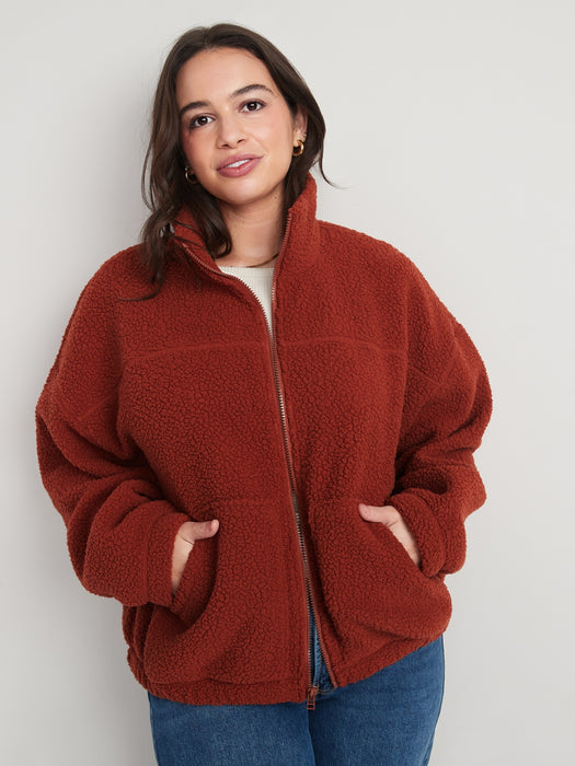 Slouchy Sherpa Zip Jacket for Women - Red