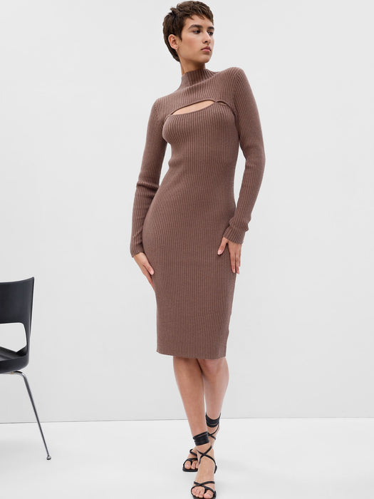 Mockneck Cutout Midi Sweater Dress - cozy brown