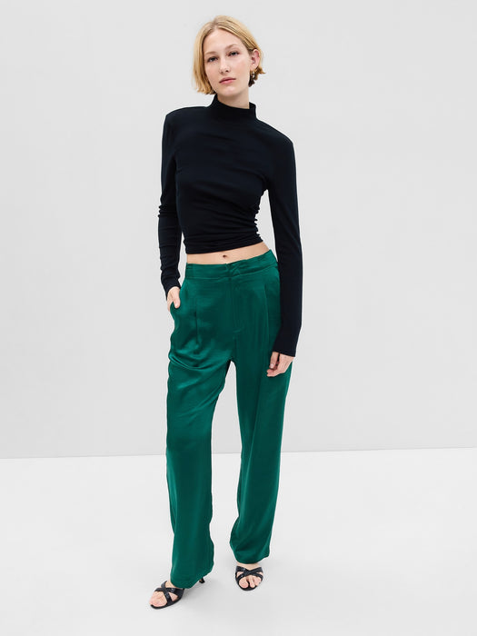 High Rise Pleated Satin Trousers - green pine